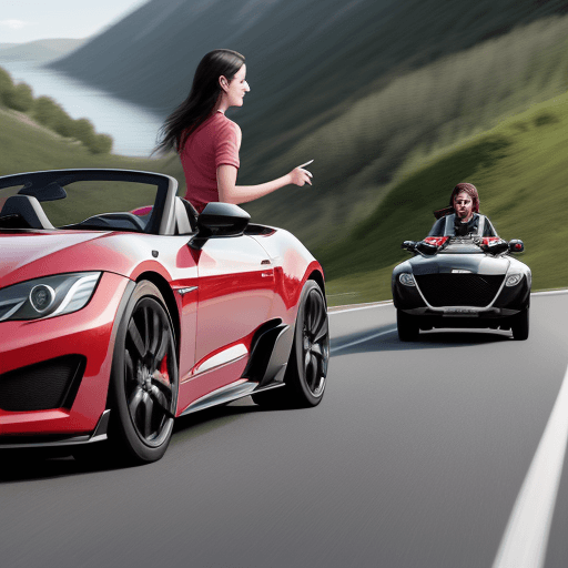AI generated: A BWM 2 seater sports car driving by a female on the road near lake  