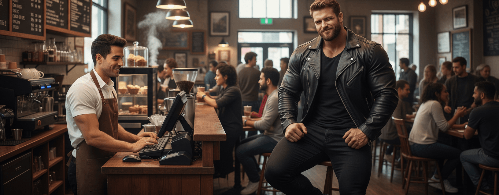 AI generated: Male Hispanic barista 5' 2" tall, at a coffee shop behind the counter typing on the computer-registe...