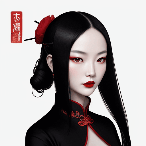 AI generated: Chinese ink style portrait of Chinese photographer Zhang Jingna, wearing a black dress and red lipst...