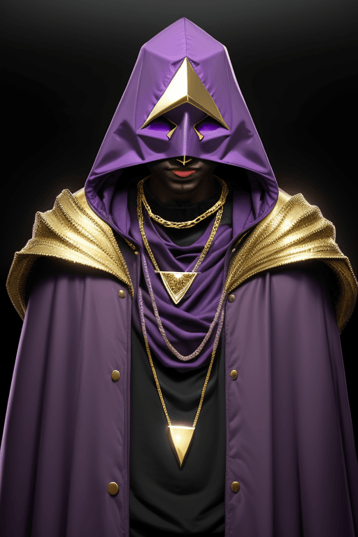 AI generated: Man in purple cloak hood, one big triangle mask, gold chains and jewellery. Invisible face
