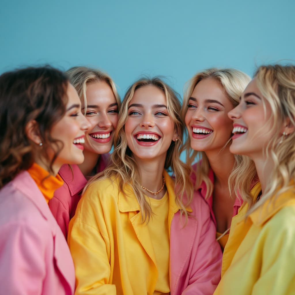 AI generated: Hyperrealistic photo of a group of 5 Slavic friends (mixed gender), laughing to tears, captured in a...