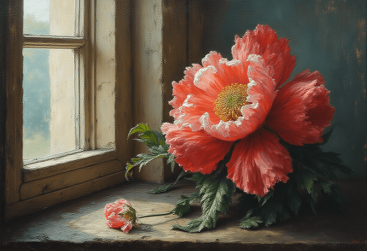 AI generated: a chubby oil painting withered and wilted flower,window on the left side sunlight shining in,masterp...