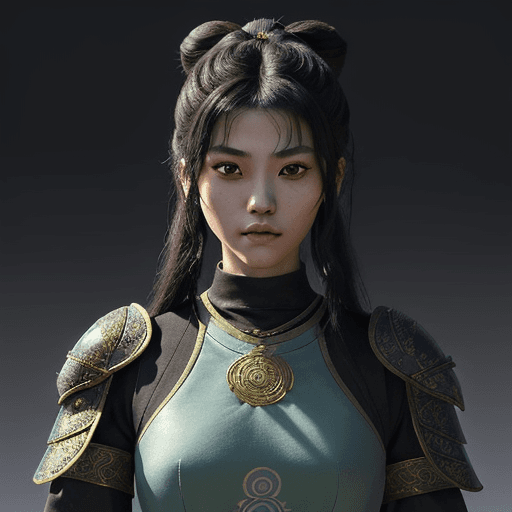 AI generated: 2D animated style, inspired by traditional Akaviri elegance, medium shot of "Kasumi", a young warrio...