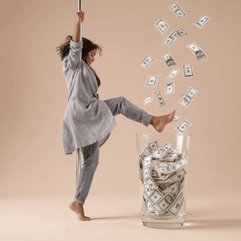 AI generated: Dancing ing on the pole and money thrown at her in a glass