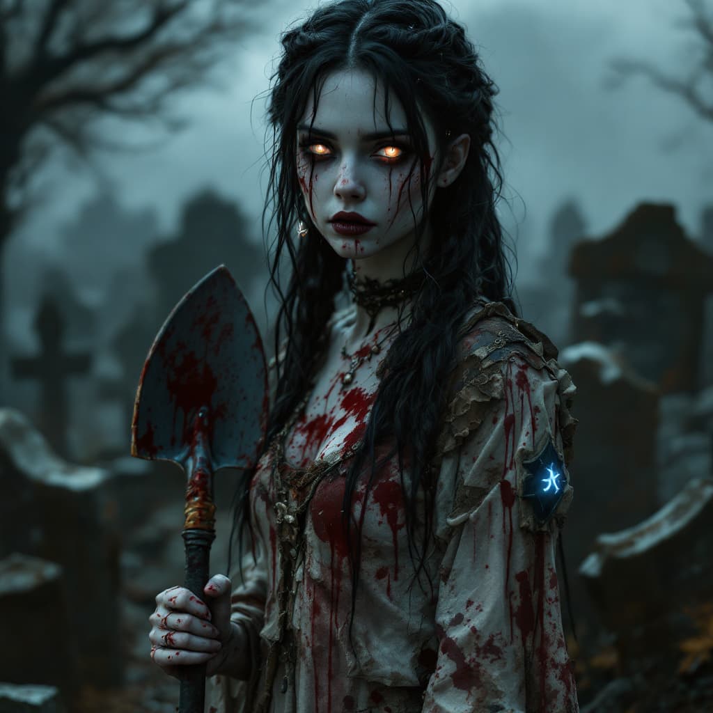 AI generated: An ultra-realistic, full-body portrait of a haunted gravedigger woman, exuding a chilling sorrow wit...