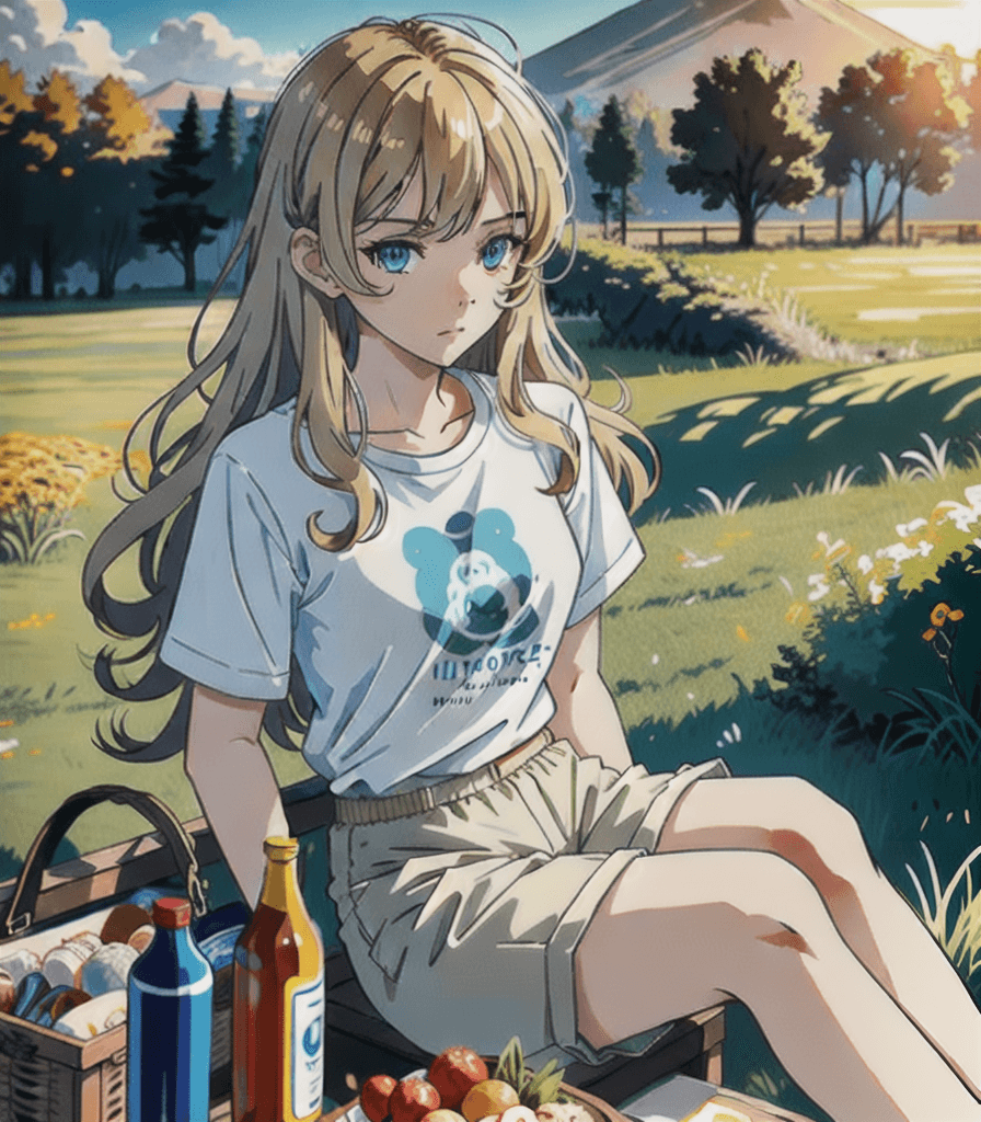 AI generated: (perfect anime illustration), 1girl, wavy blonde hair, medium hair, (light brown hair, blue eyes), m...