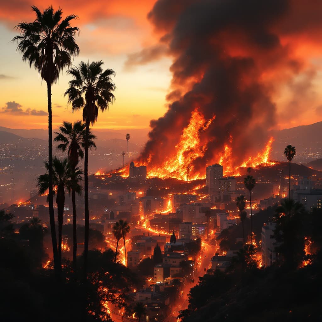 AI generated: Los angeles in fire, county hollywood, ultra realistic