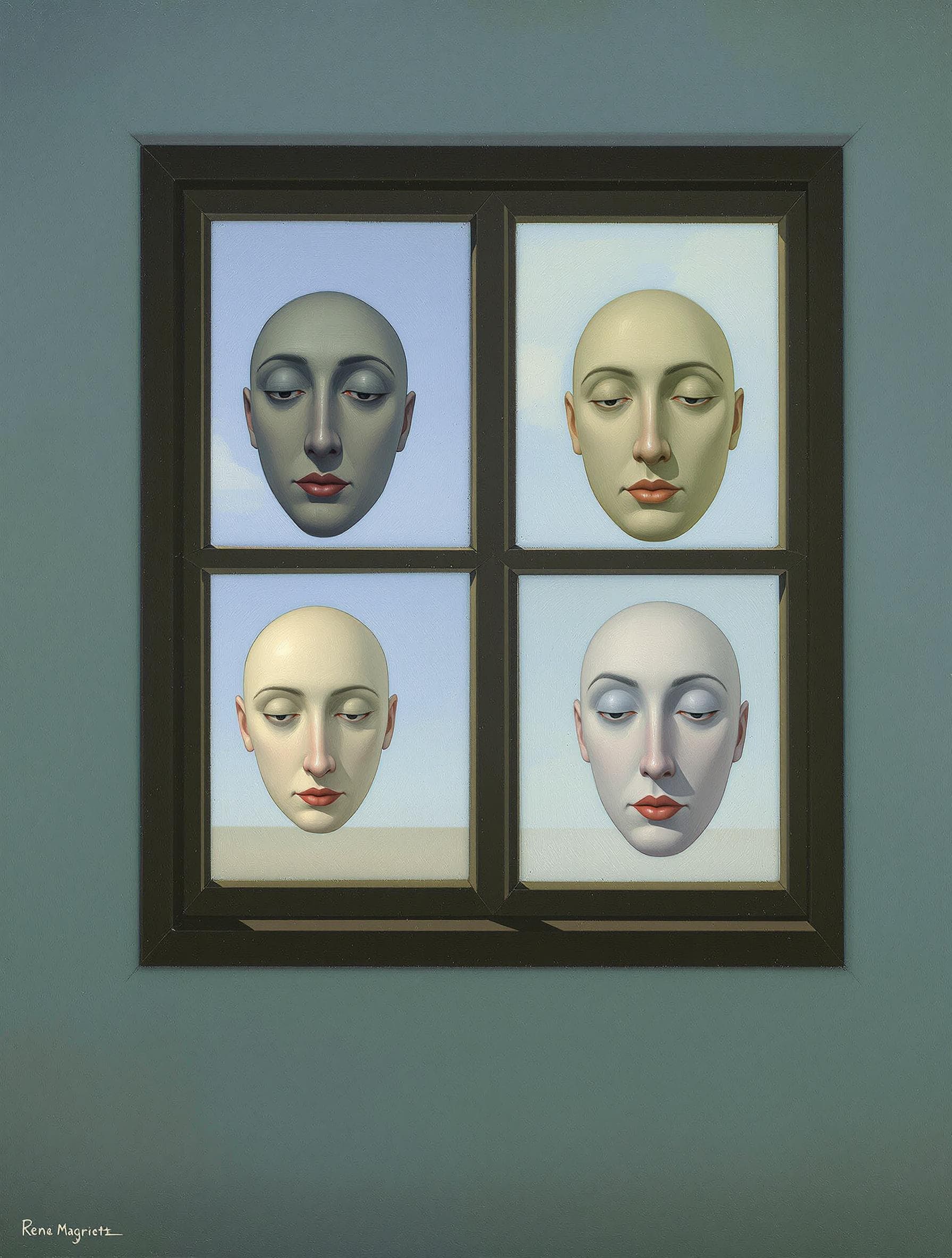 AI generated: a surrealist painting by René Magritte of a window that has a different face in each of its four pan...