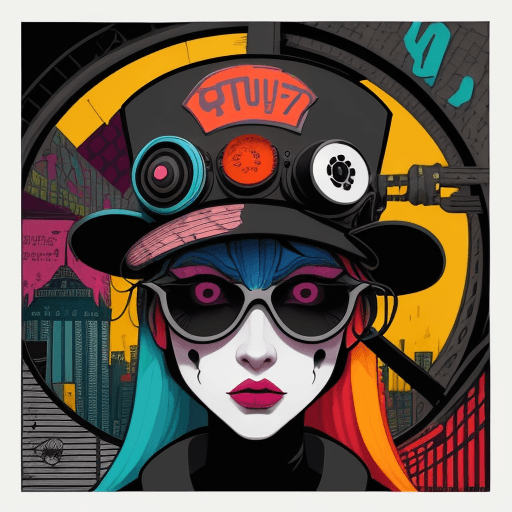 AI generated: drawing with a multi-colored hat, in the style of gloomy metropolises, pop culture mash-up, intricat...