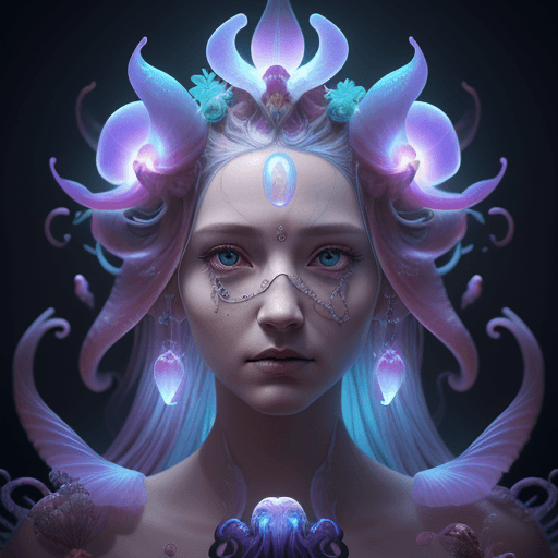 AI generated: Goddess close-up portrait ribcagel. jellyfish phoenix head, nautilus, orchid, skull, betta fish, bio...