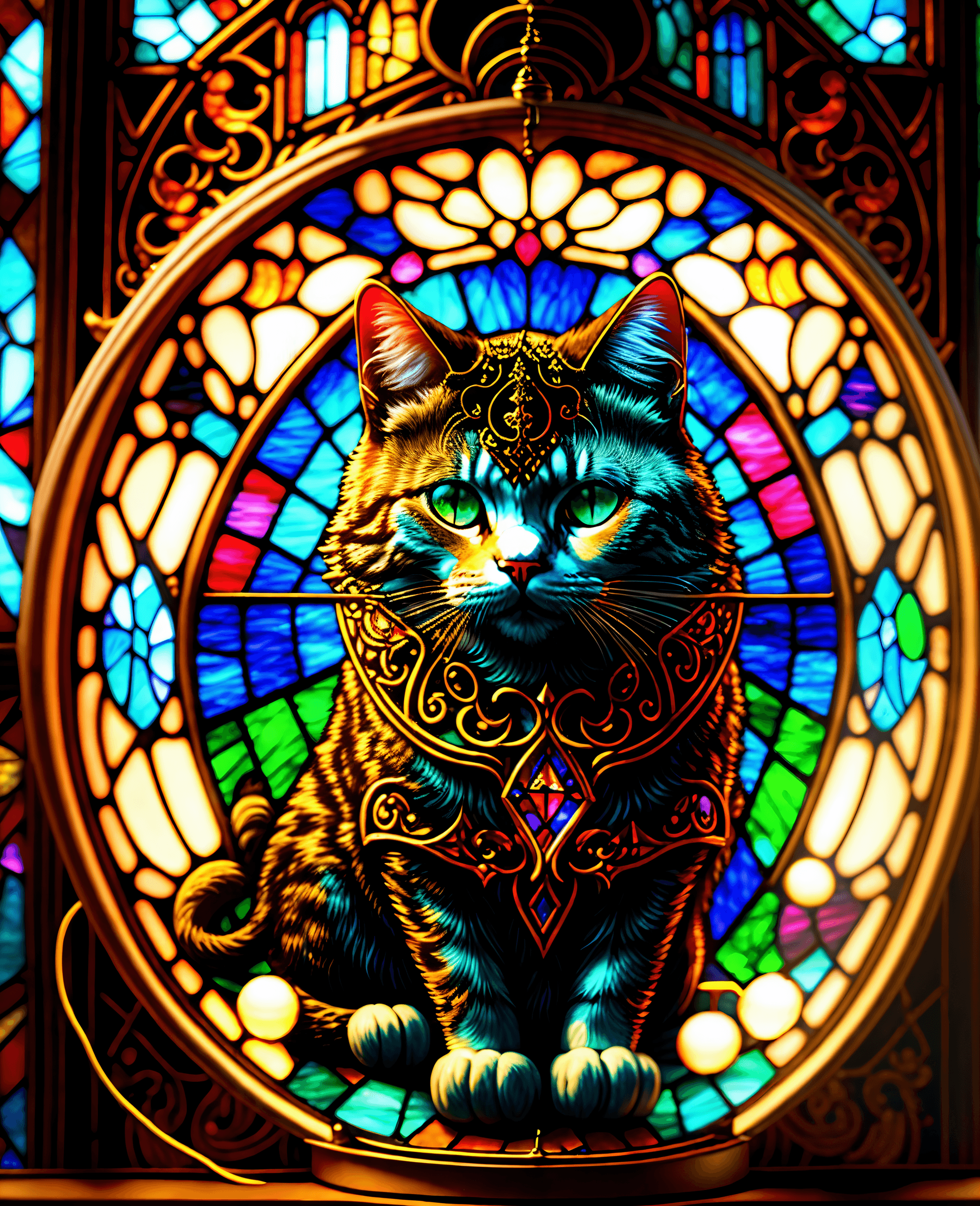 AI generated: Masterpiece, exquisite art, (Stained glass Lamp:1.2) in the shape of a cat , very detailed and ornat...