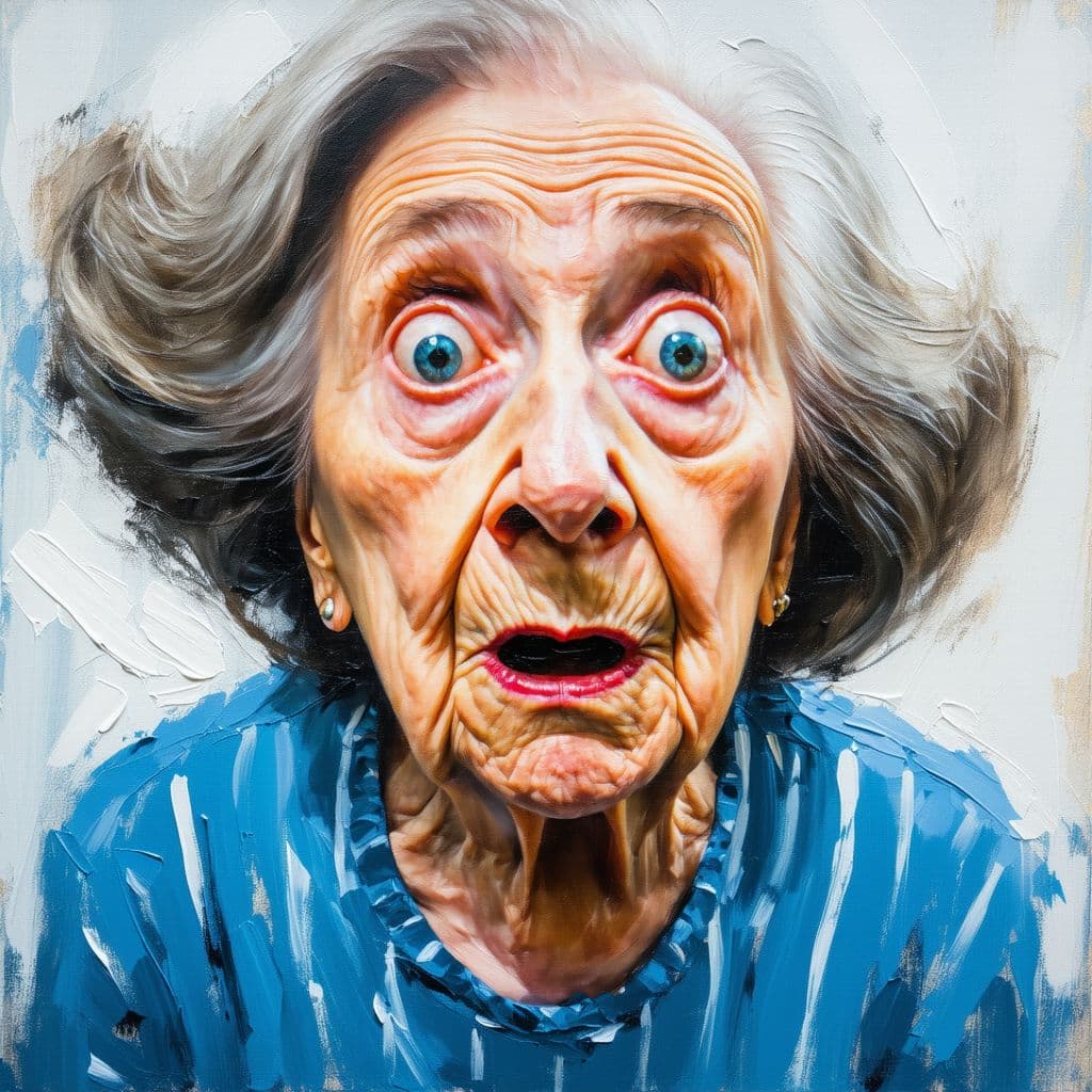AI generated: Oil painting with circular composition and fisheye effect, central close-up of the old wrinkled face...