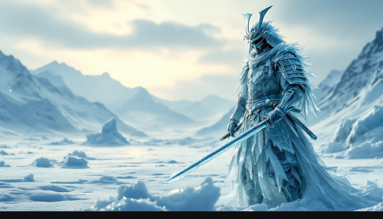 AI generated: A samurai clad in armor woven entirely from ice, standing in a frozen, desolate landscape. His armor...