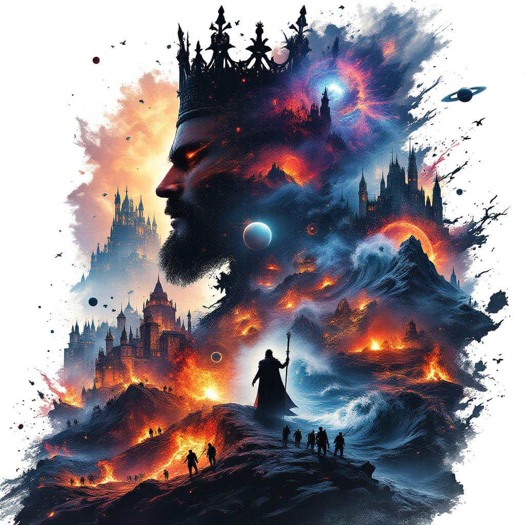 AI generated: A breathtaking double exposure illustration featuring a sinister silhouette of a corrupt king with a...