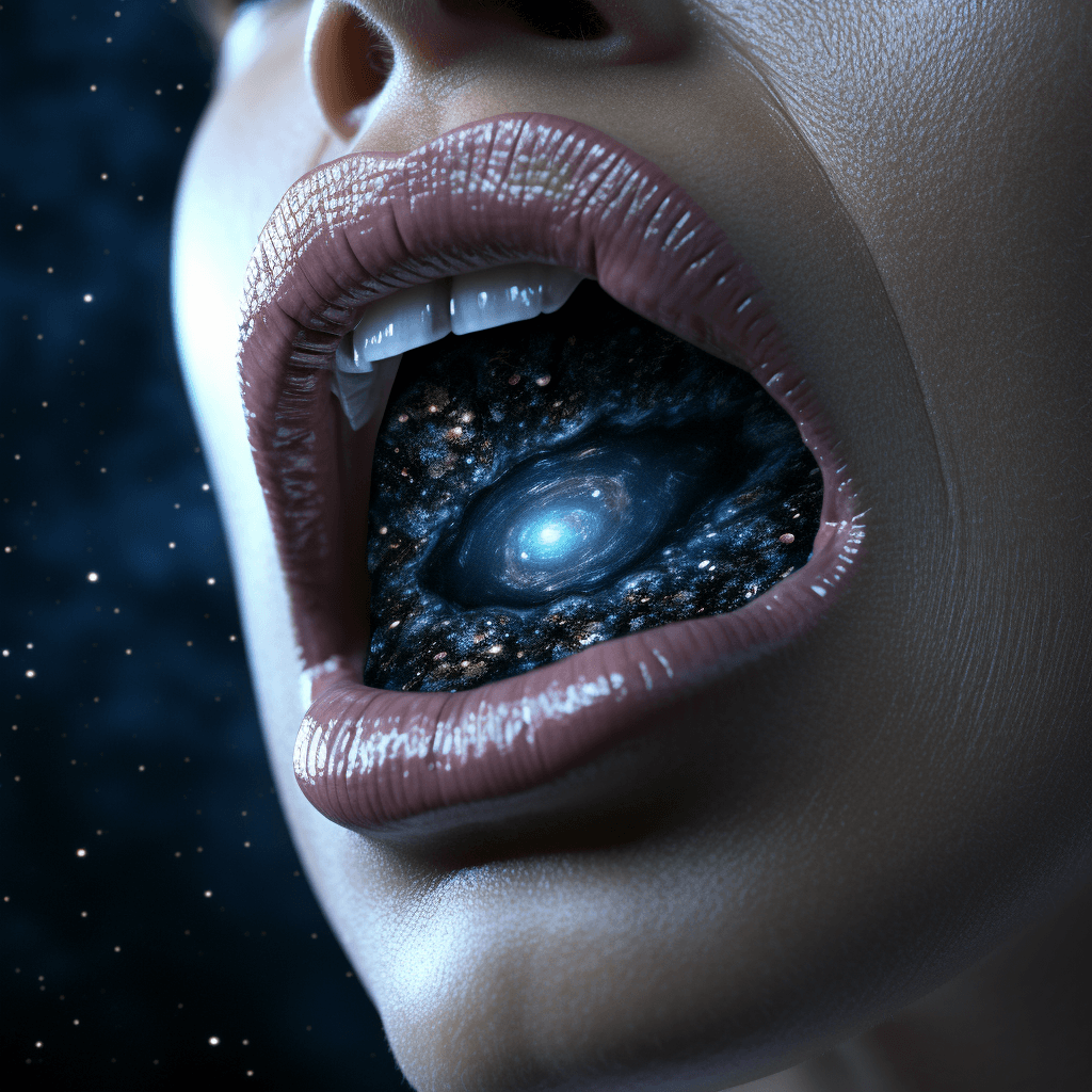 AI generated: enormous giantess, minuscule galaxy in front of her mouth, photo-realistic hyperbole --v 5.2