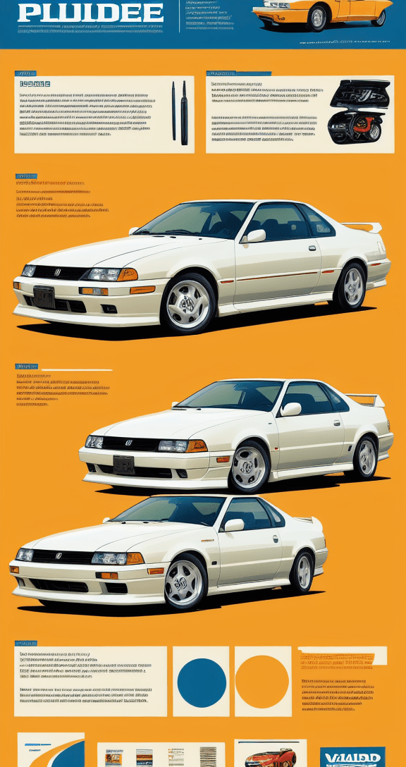 AI generated: highly detailed infographic of white honda prelude cars found in popular mechanics magazine | vintag...