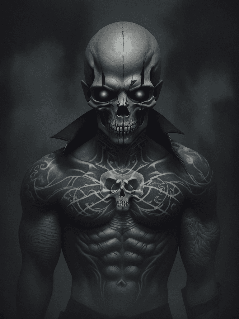 AI generated: breathtaking Artistic male with skull tattoo, solo., under creepy evil fog. In a City burial backgro...