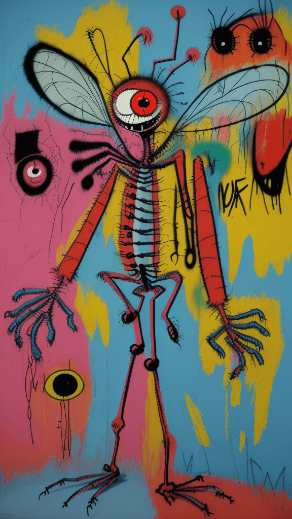 AI generated: graffitied on the wall invision my imaginary friend a Absurd Embroidery bird head spider legs red or...