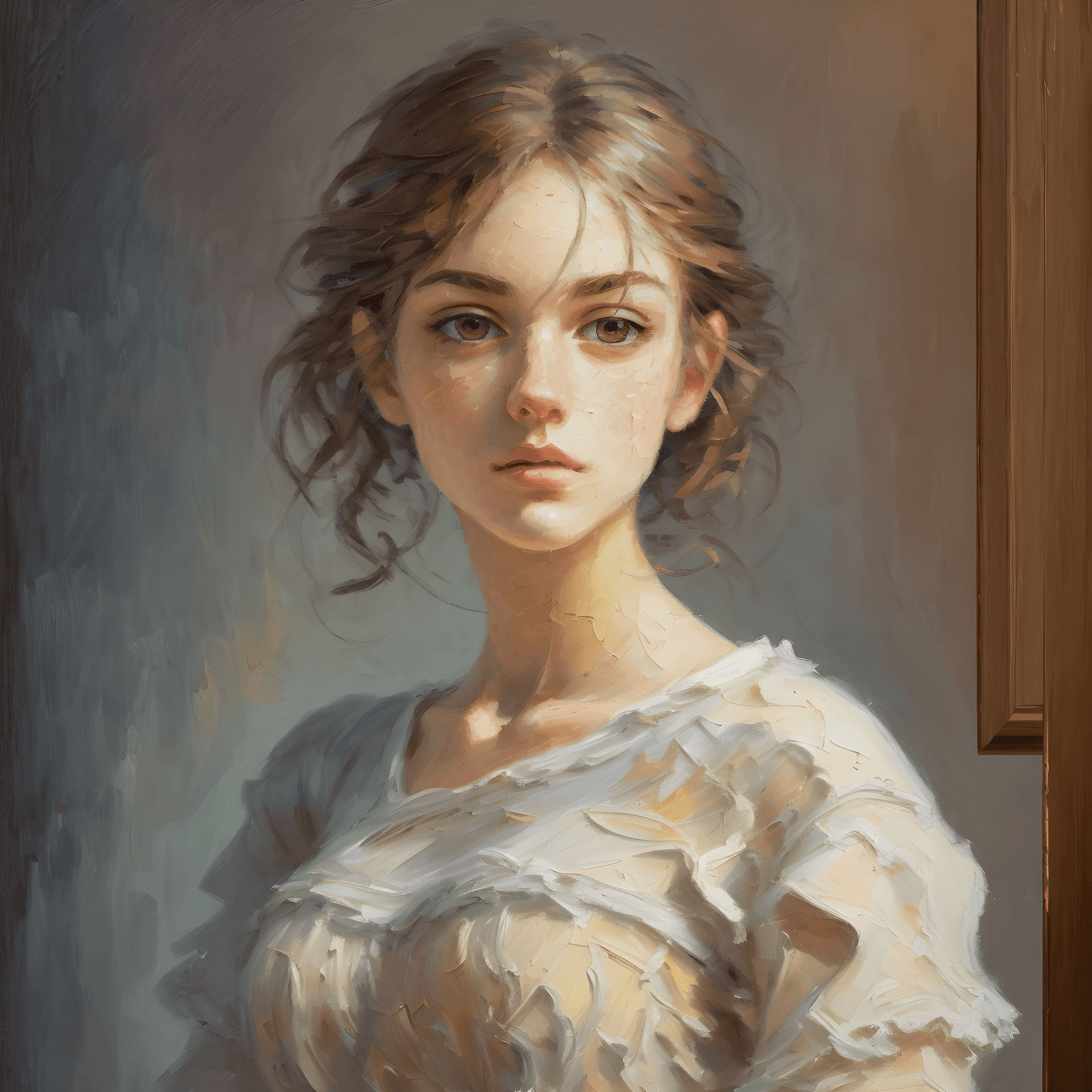 AI generated: a painting of a girl in a white dress by WLOP, featured on cgsociety, figurative art, detailed paint...
