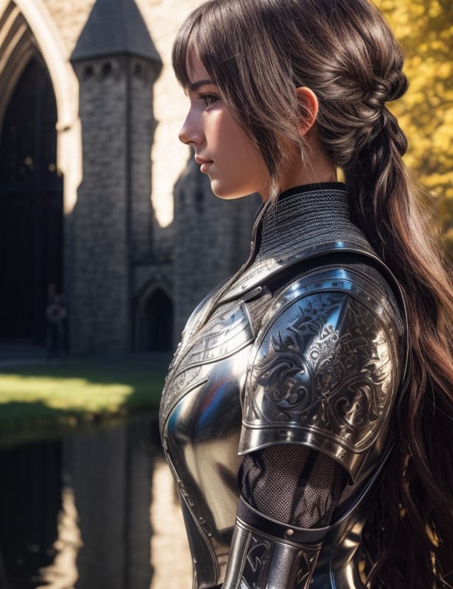 AI generated: (masterpiece), (extremely intricate:1.3), (realistic), photo of a girl in medieval armor, reflection...
