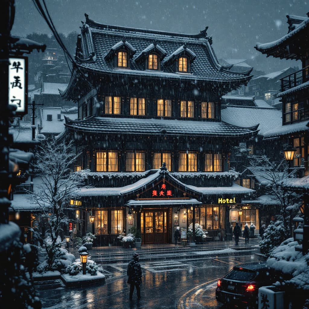 AI generated: Hot spring hotel in the middle of a busy Japanese street in the many snow.  The background is a blac...