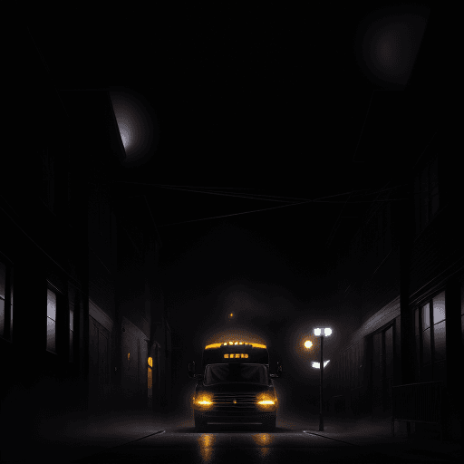 AI generated: passenger boarding the glossy black school bus in the middle of the night, in an alley,  glowing lig...