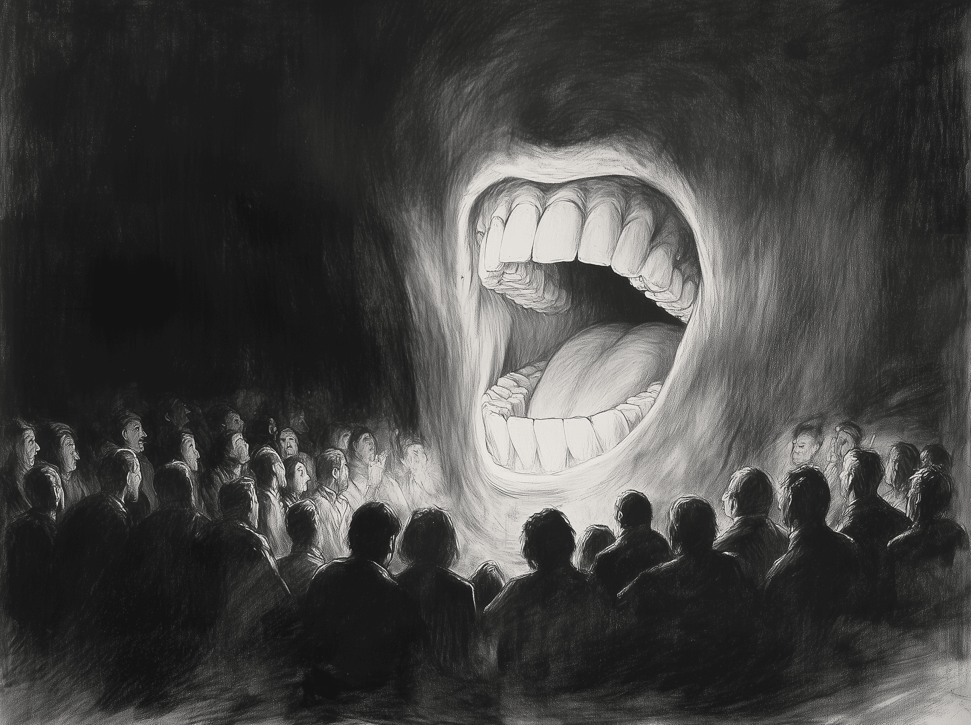 AI generated: A drawing of an open mouth with teeth, the inside of which is illuminated by light, and people sit i...