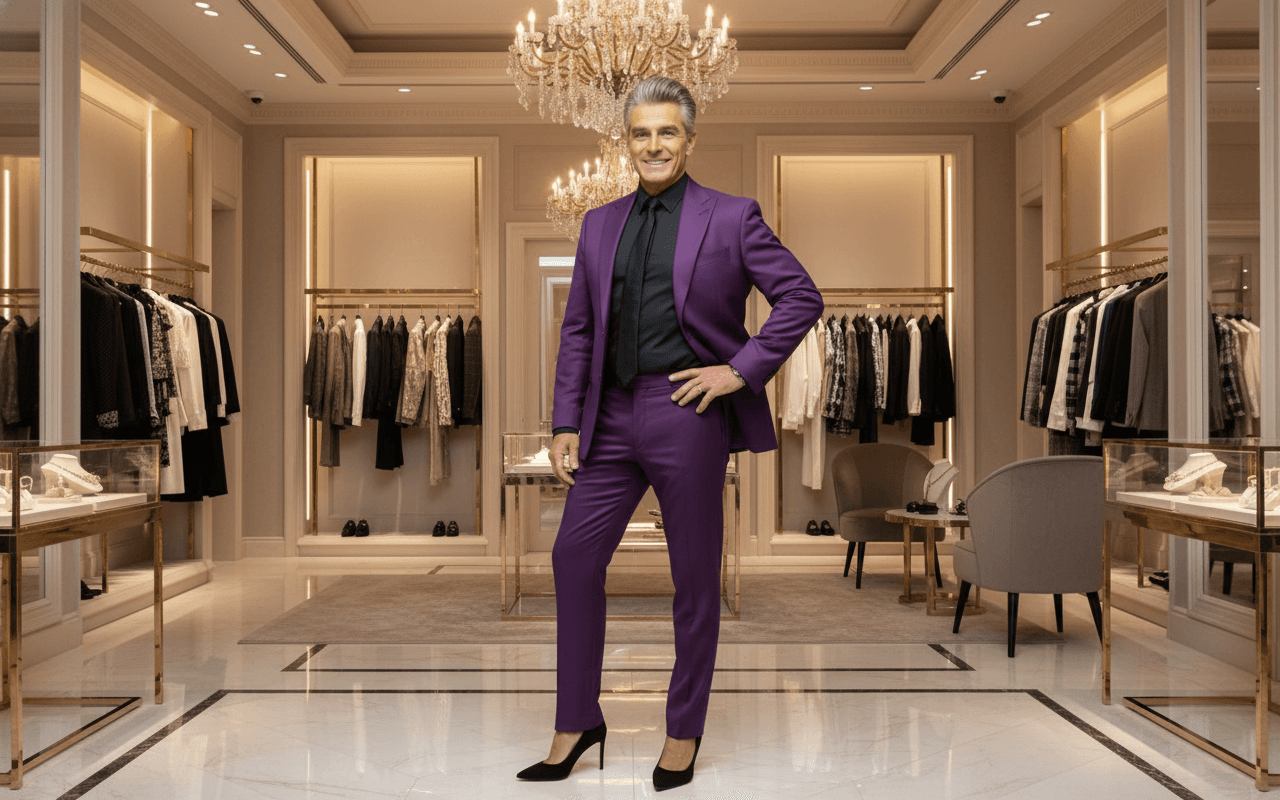 AI generated: At a very luxurious clothing store. 

The flamboyant sales man is 6 feet tall. He is 50 years old,...