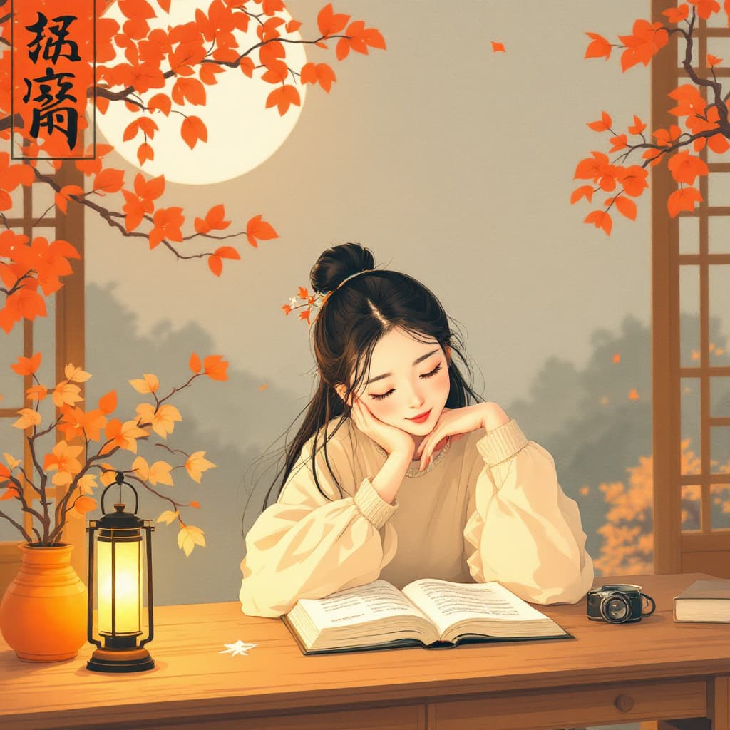 AI generated: chinese illustration of a girl reading a book on a table with lantern, in the style of light beige a...