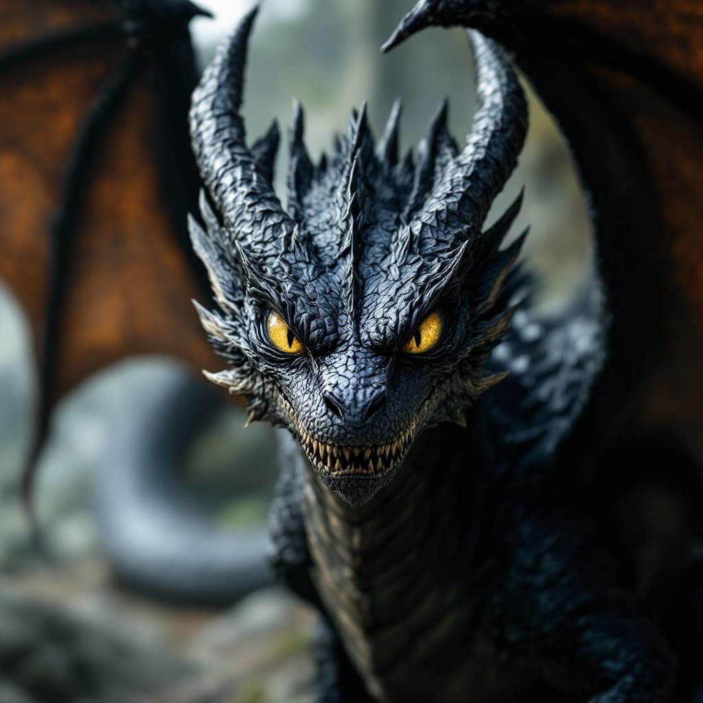 AI generated: adult dragon black, eyes yellow, large angry with wings open