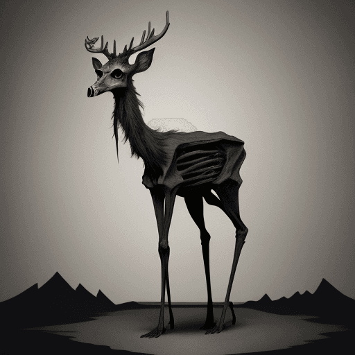 AI generated: creature standing there 8 feet tall, very skinny, a deer skull for a head and fur dark as coal,