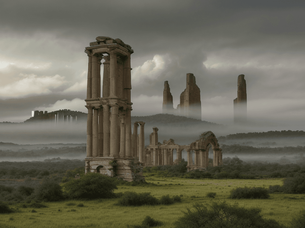 AI generated: a breathtaking portrait of a background image that is a sweeping landscape of ancient ruins, with to...