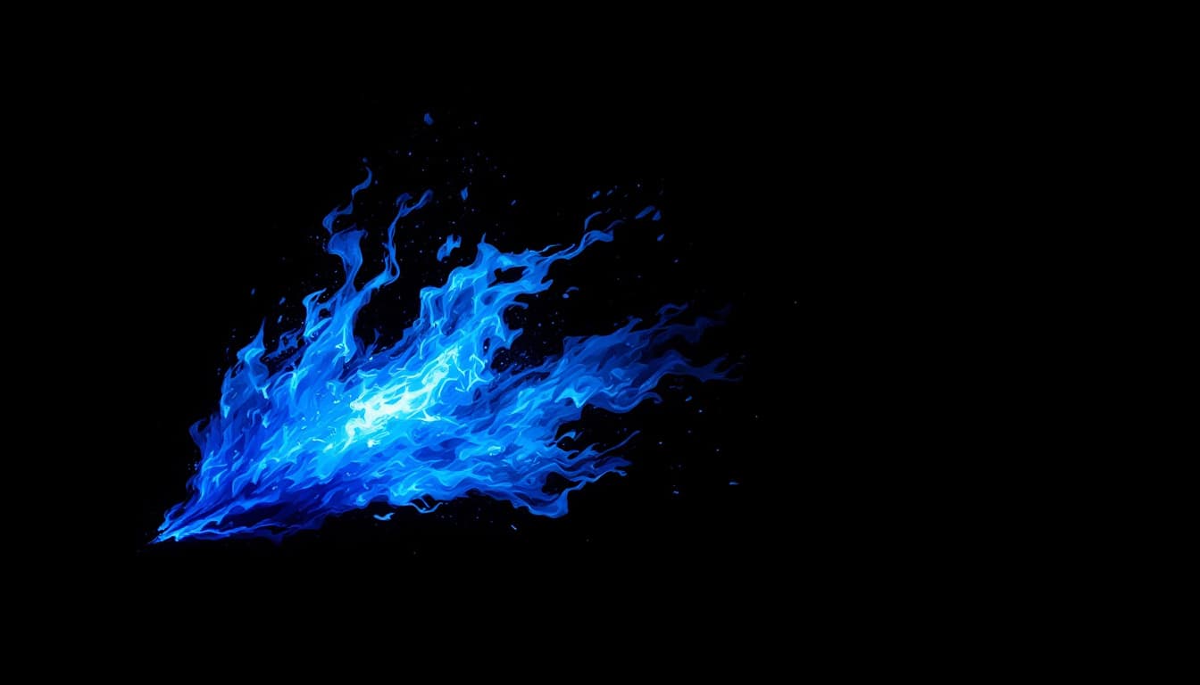 AI generated: Black silhouette of a man, sword swing pose, large lazure flame storm erupts from blade, dark backgr...