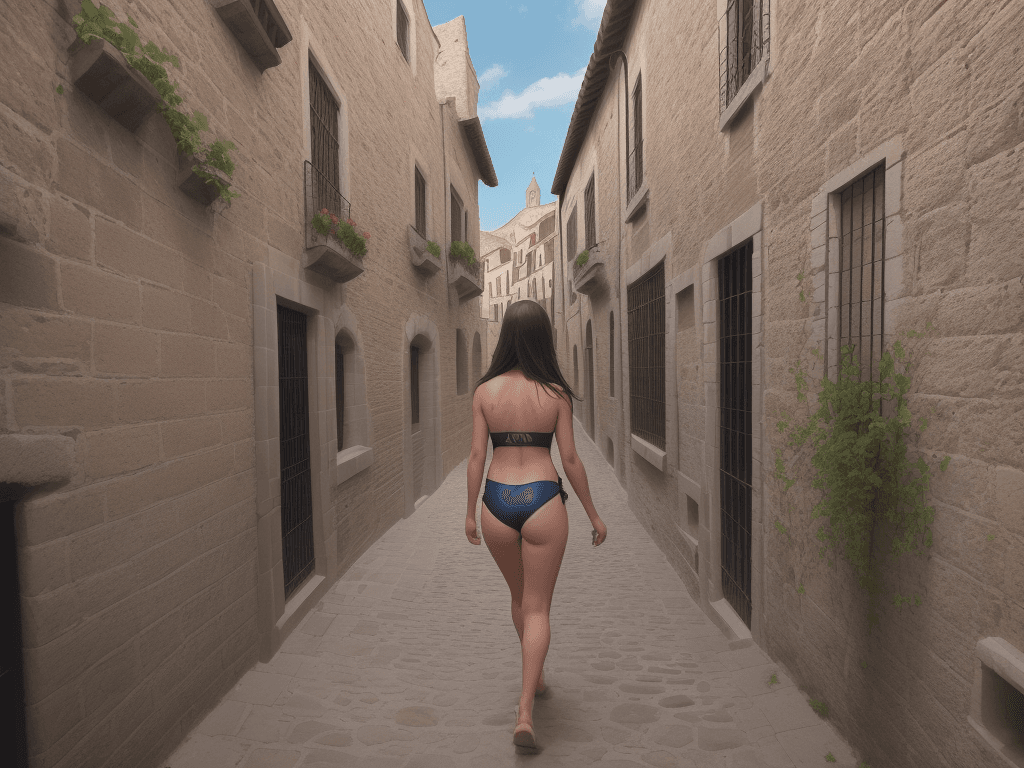 AI generated: A girl dressed in a swimsuit walks through the cobbled streets of Toledo, each step taking her close...