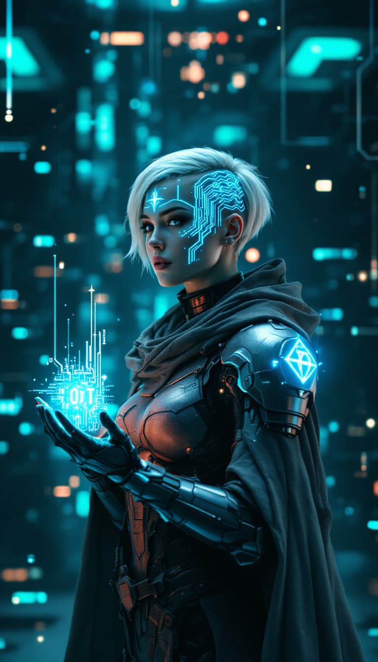 AI generated: A cinematic digital artwork featuring a strategic, female armored figure in a poised and commanding ...