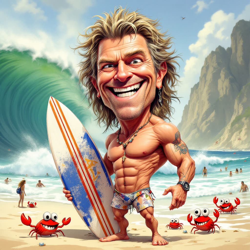 AI generated:  a humorous, exaggerated caricature of Jon Bon Jovi. His face has oversized, intense eyes with one e...