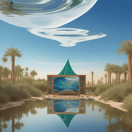 AI generated: Oasis in the desert with rippling water mirror, showing Brook from one piece giving a concert on a f...
