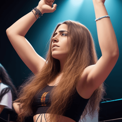 AI generated: mujer rubiia de pelo largo en un concierto de musica con los brazos levantados