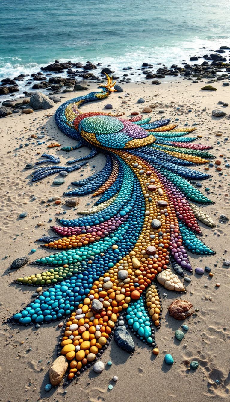 AI generated: A mesmerizing land art masterpiece, featuring an enormous, intricate design of a mythical peacock cr...