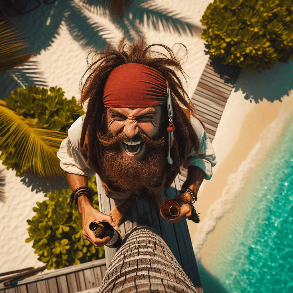 AI generated: Close-up cinematic professional photo of an aerial rear view of an angry laughing pirate standing on...