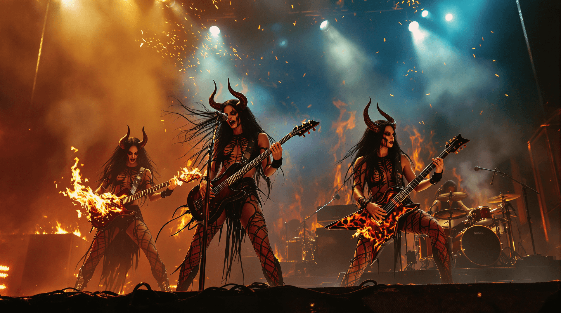 AI generated: A wide-angle concert scene, reminiscent of Beksiński's dark mysticism and Giger's biomechanical nigh...