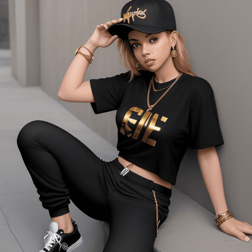 AI generated: A girl in black t shirt,khakis capris,hip hop gold cuban link,watch and black converse 