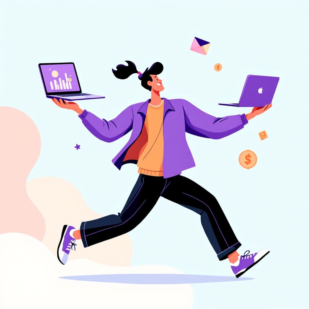 AI generated: A modern, flat-style digital illustration of a dynamic character in motion, balancing technology lik...