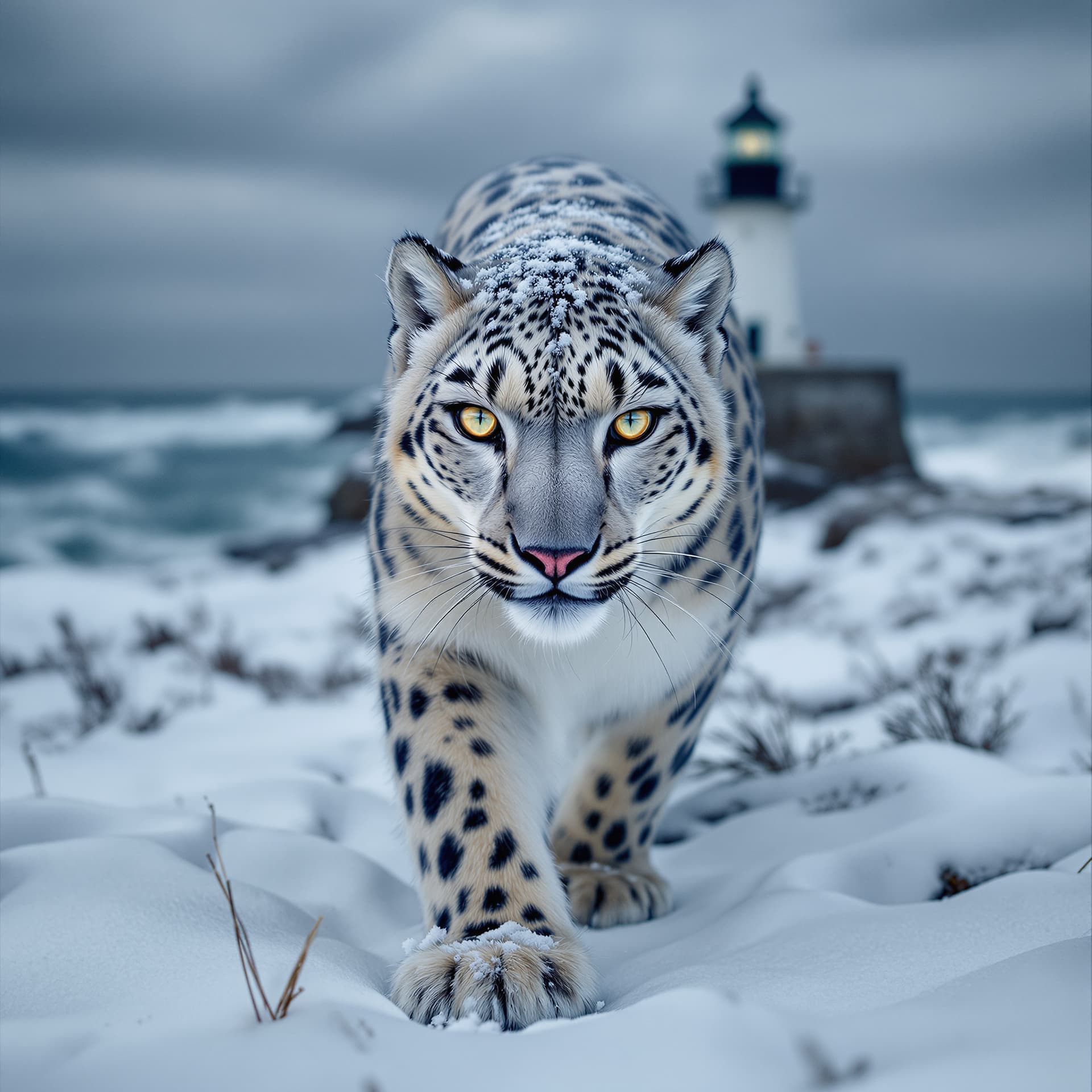AI generated: National Geographic award-winning wildlife medium shot photo of a stalking snow leopard|, at  the ba...