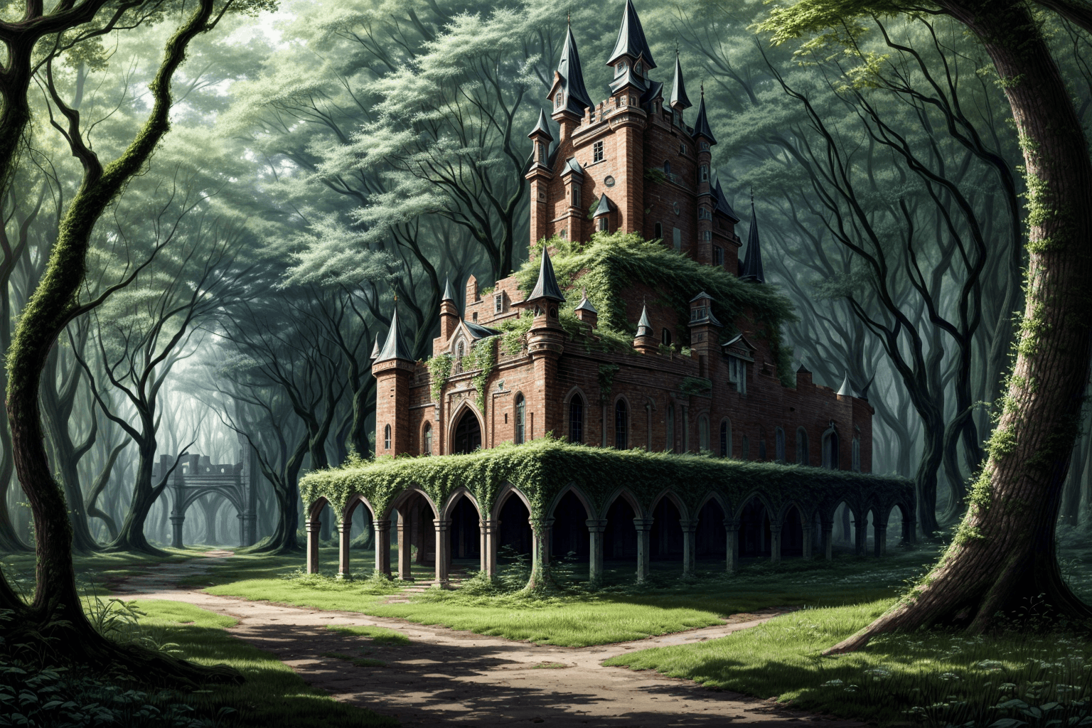 AI generated: a futuristic castle:1.3, with towers, draw bridge and moat, in the woods:1.3, covered with vines, zo...