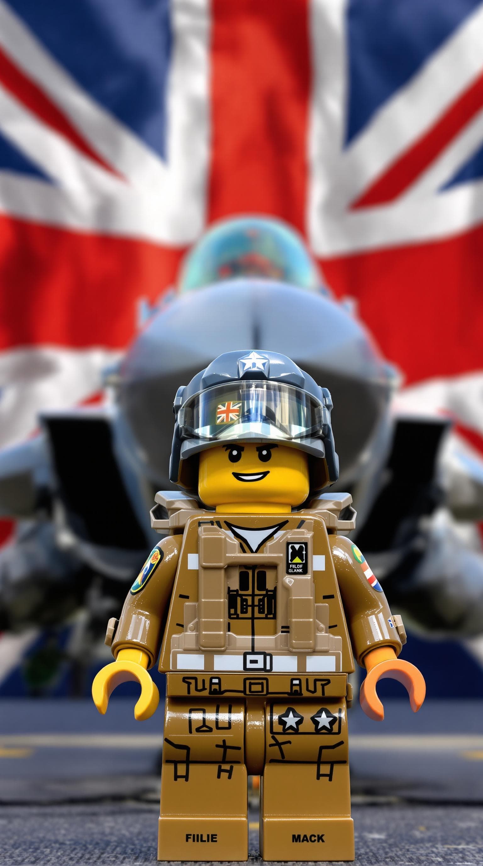 AI generated: A LEGO character dressed in British military gear in front of a fighter jet with a British flag in t...