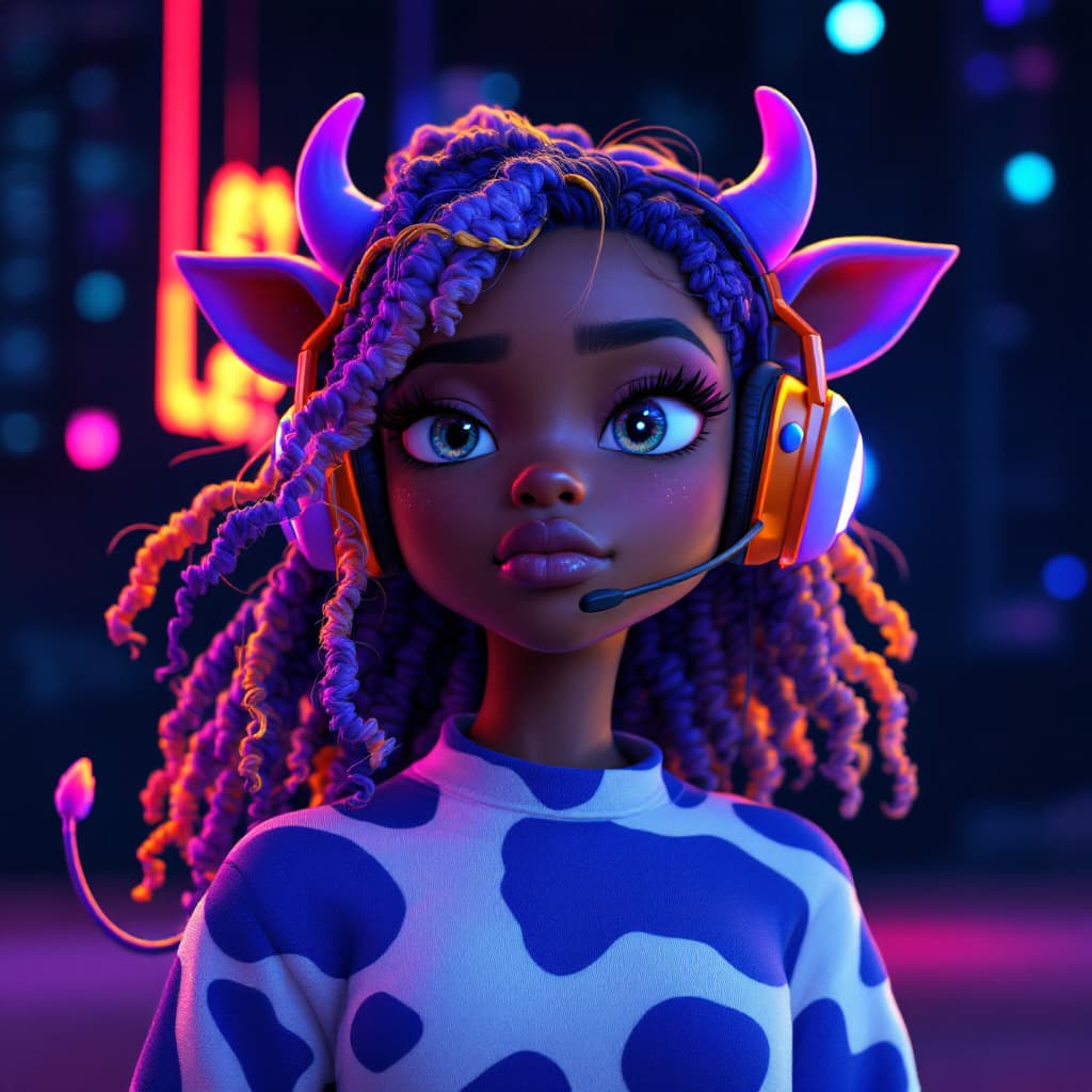 AI generated: Dark skin, dark skin anime girl, blue cow print, blue thick cow tail,  blue cow ears, 30s, CHUBBY, f...