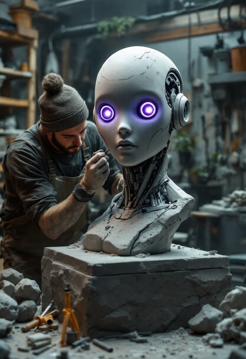 AI generated: A highly detailed cinematic shot capturing a human sculptor from the knees up, skillfully carving a ...