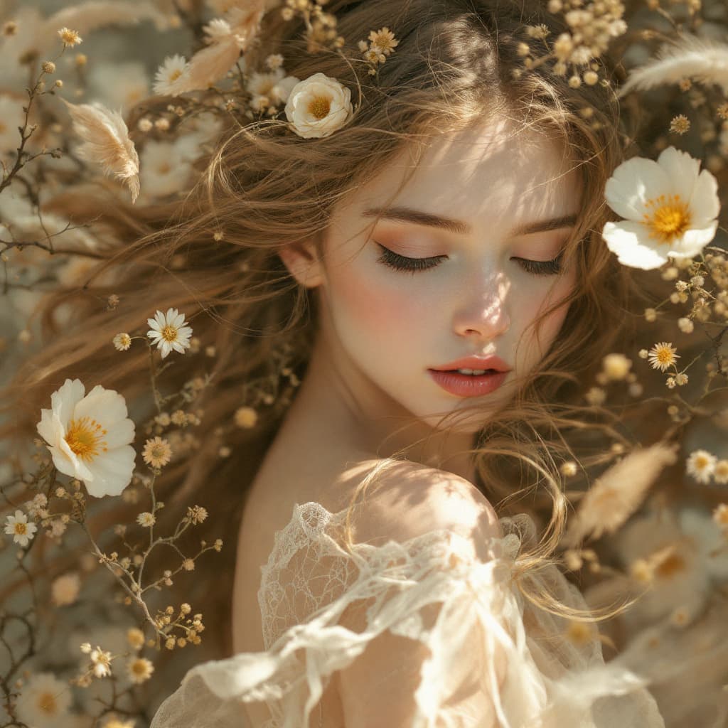AI generated: Create a girl, spring, dance in a dreamy, rustic composition with warm earthy tones like soft golds,...