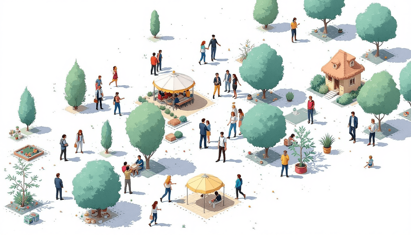 AI generated: a series of [people] are shown in isometric fashion, in the style of small brushstrokes, white backg...